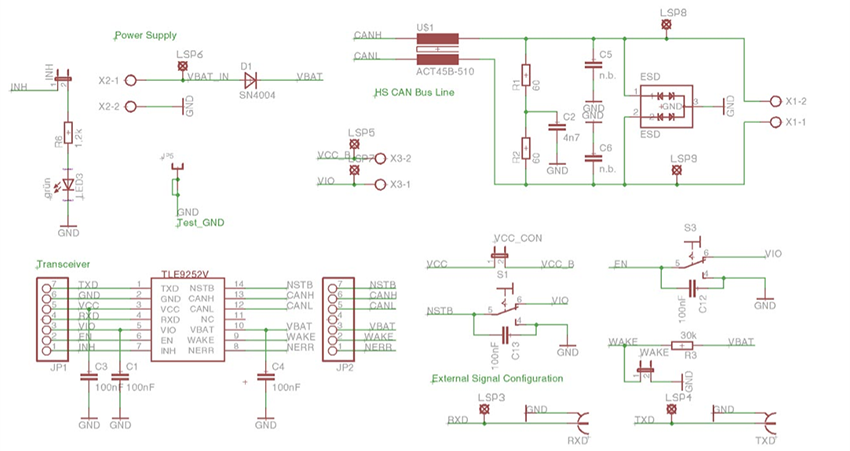 回路図 - Infineon Technologies TLE9252Vデモボード